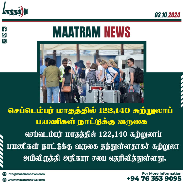 செப்டெம்பர் மாதத்தில் 122,140 சுற்றுலாப் பயணிகள் நாட்டுக்கு வருகை