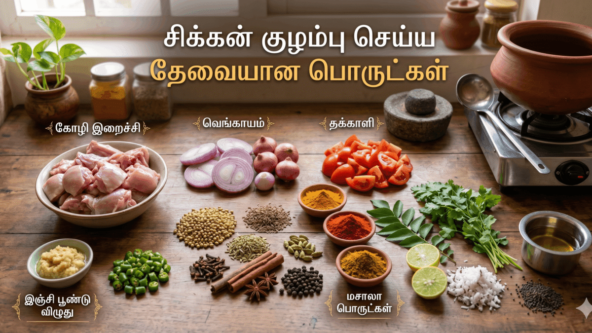 சிக்கன் குழம்பு செய்ய தேவையான பொருட்கள்